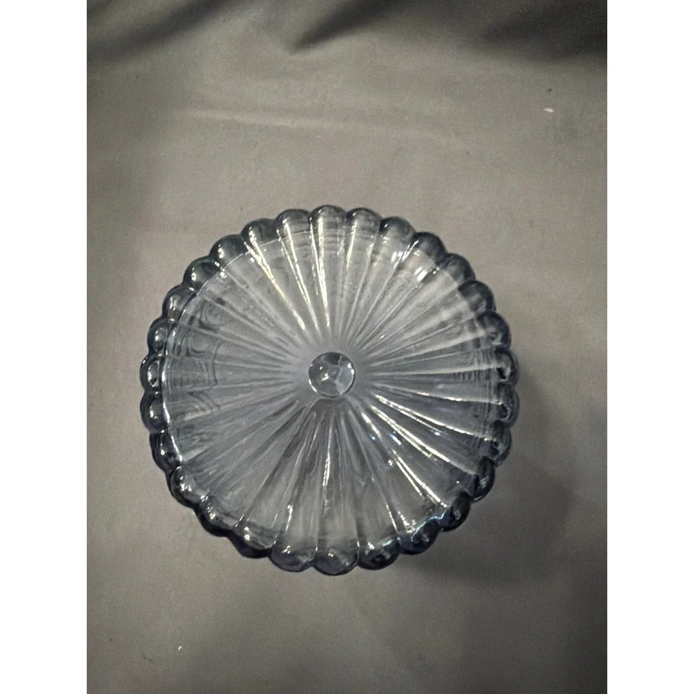 Vintage Blue Embossed Glass Bottle Scalloped Bud Vase Crest Design 3.5 Inch
